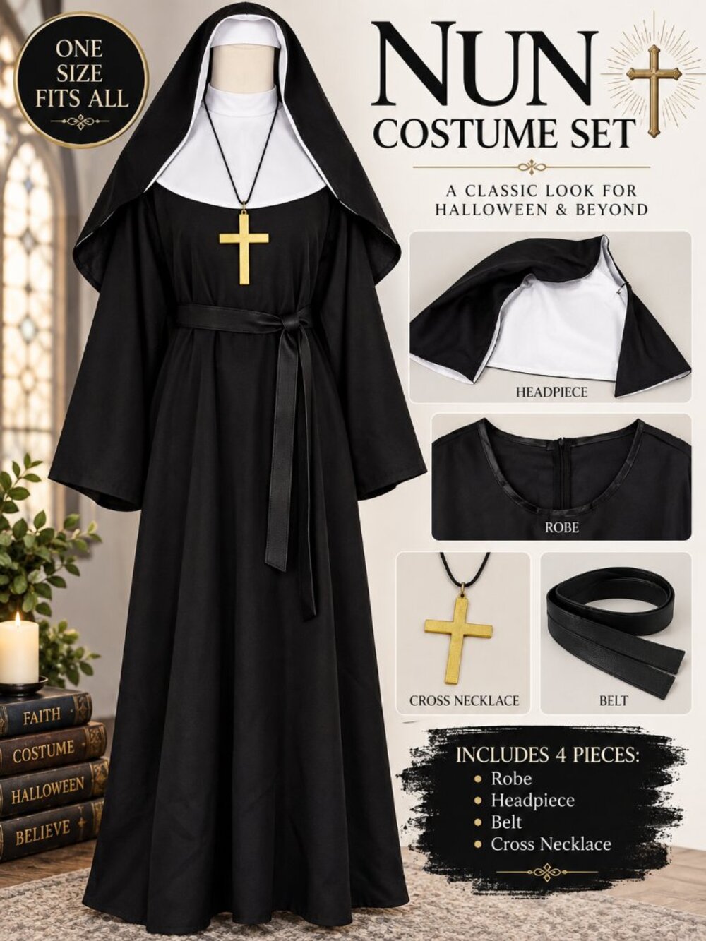 Adult Nun Halloween Costume One Size Black Robe Habit Cross Belt 4 Piece Set